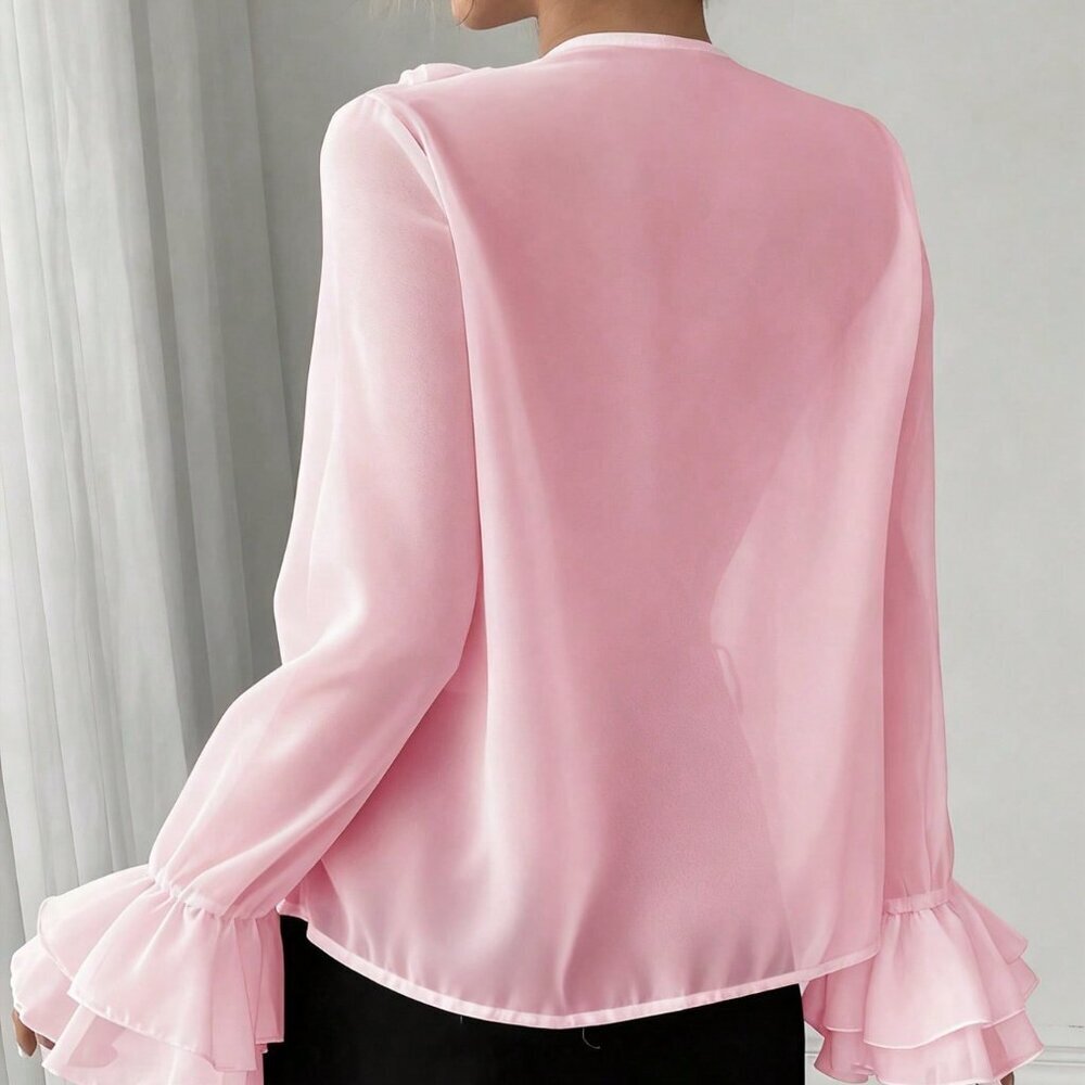 Pink Casual Women's French Elegant Chiffon Lantern Sleeve V Neck Blouse - Picture 2 of 6